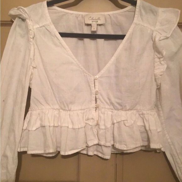 CLEOBELLA MANDIE BLOUSE White Ruffled V-Neck Cropped Women's Top - Picture 5 of 9